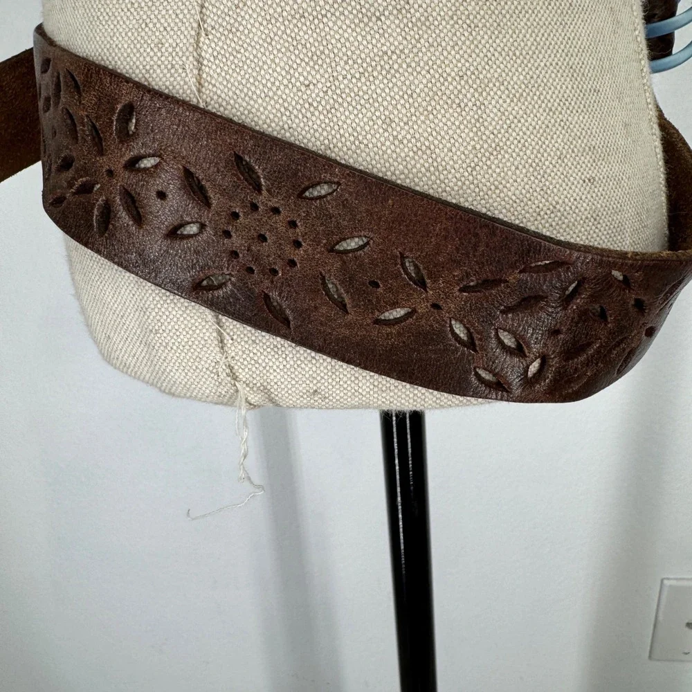 Womens 90s Brown Leather Floral Cutout Wide Belt Silver Square Buckle Y2K Boho